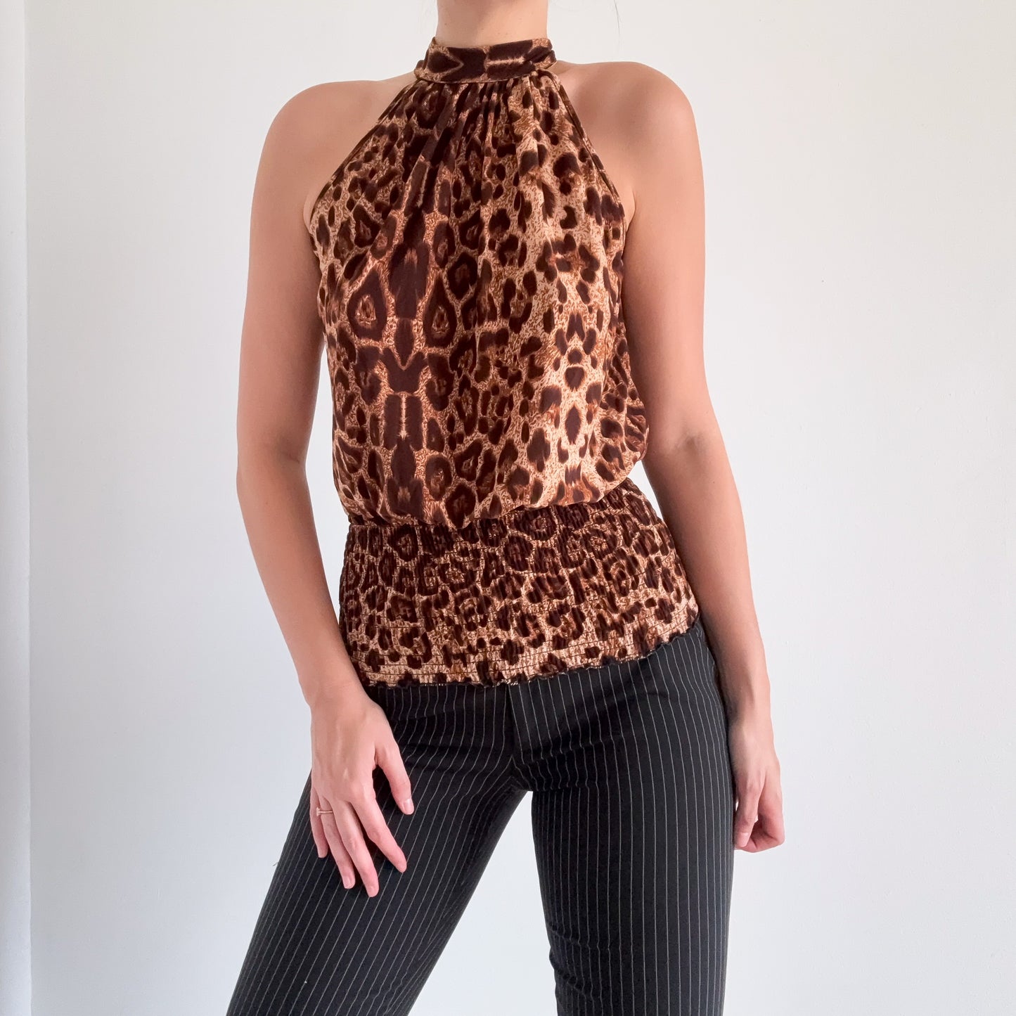 Y2K Leopard High Neck Smocked Top / SZ S-M