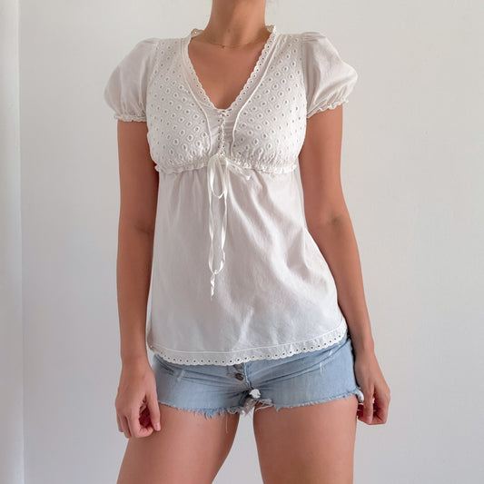 Y2K White Cotton Eyelet Babydoll Top / SZ XS-S