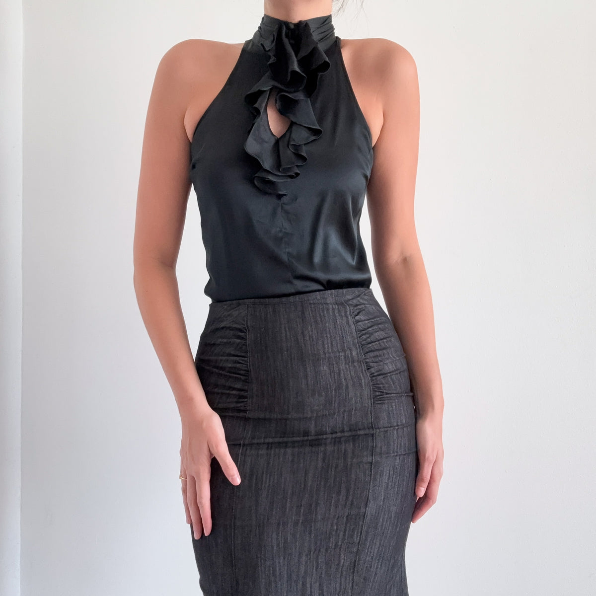 Y2K Black Silk Ruffle High Neck Blouse / SZ XS/S
