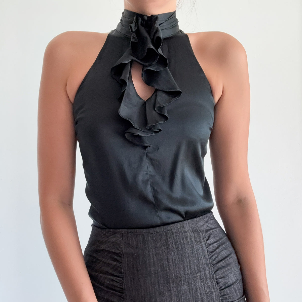 Y2K Black Silk Ruffle High Neck Blouse / SZ XS/S