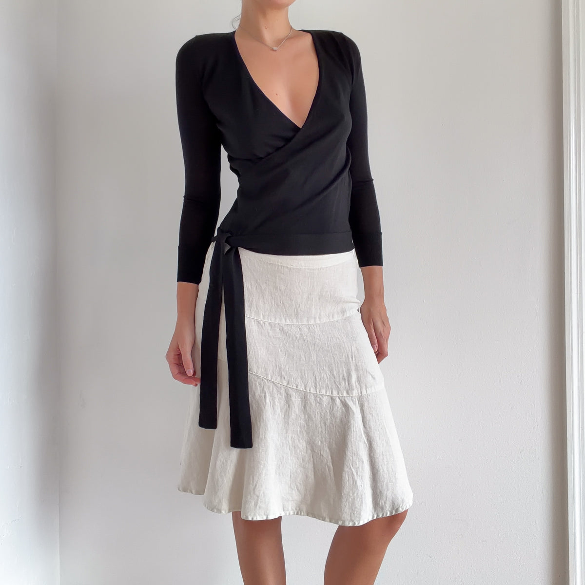 Y2K Light Grey Linen Midi Skirt / SZ XS-S