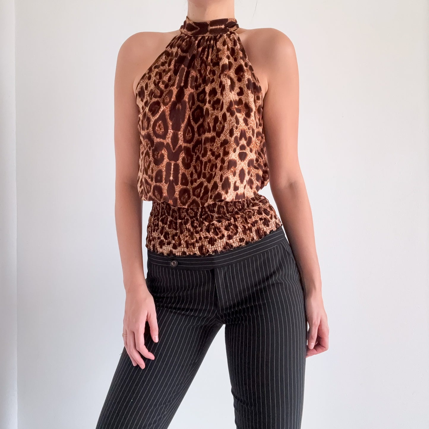 Y2K Leopard High Neck Smocked Top / SZ S-M