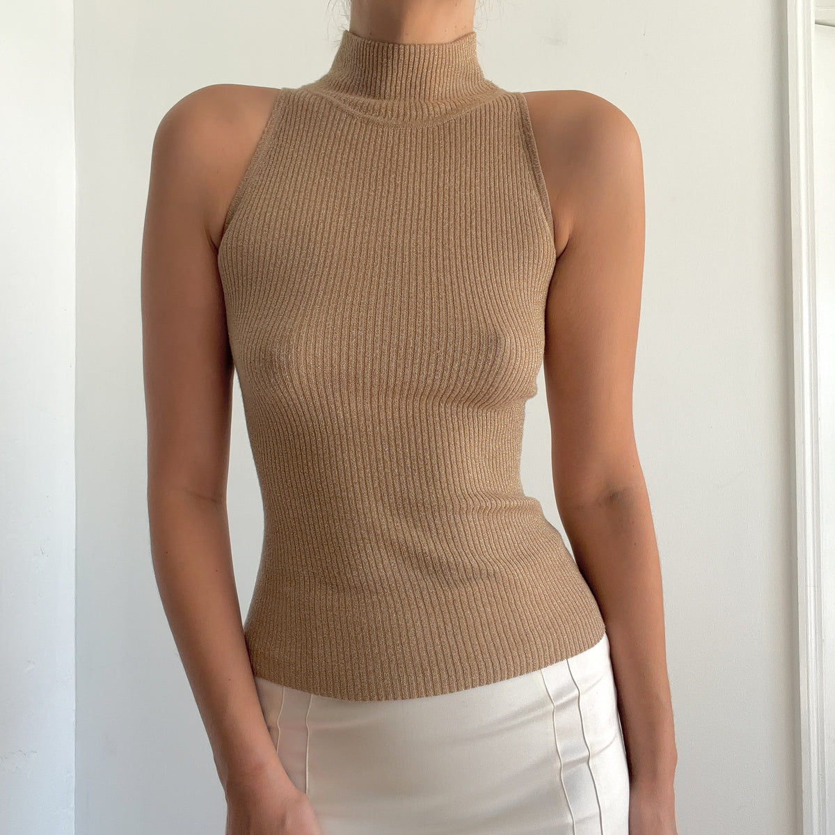 Y2K Gold Sparkle Knit Sleeveless Mock Neck / SZ XS