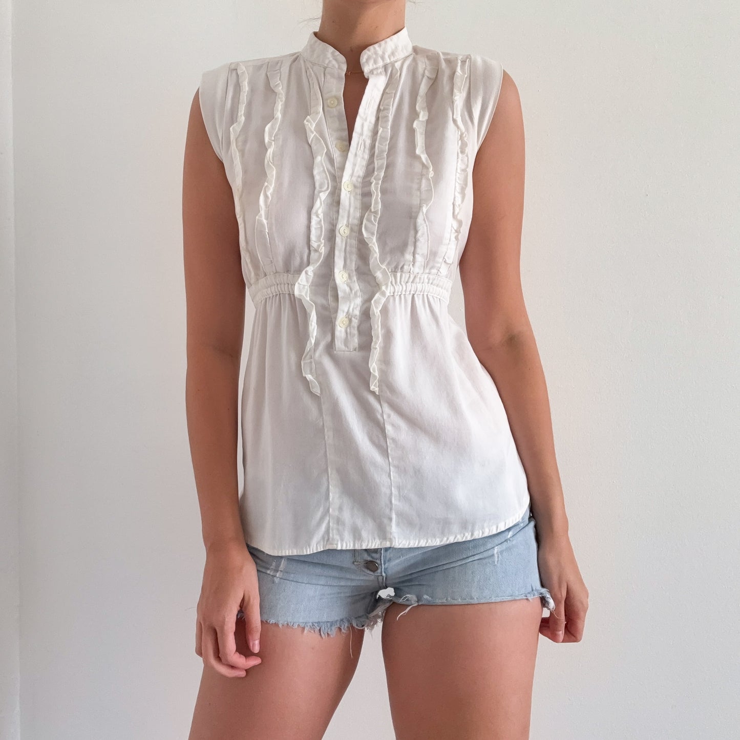 Y2K White Cotton Ruffle Tie Blouse / SZ M