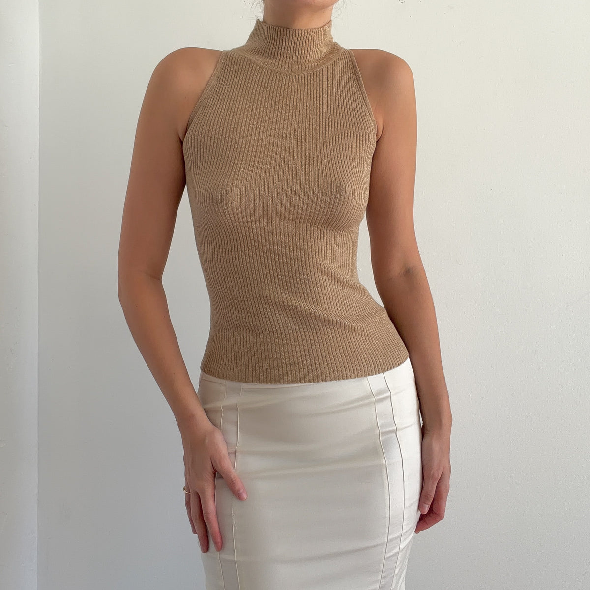 Y2K Gold Sparkle Knit Sleeveless Mock Neck / SZ XS