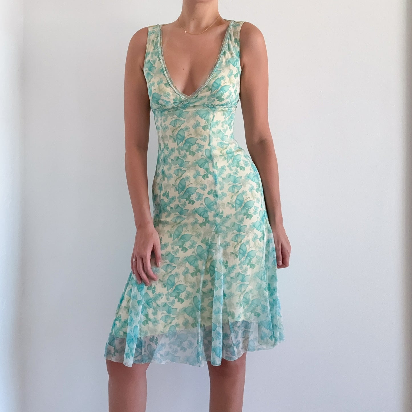 Y2K Aqua & Yellow Silk Butterfly Dress / SZ 2/4