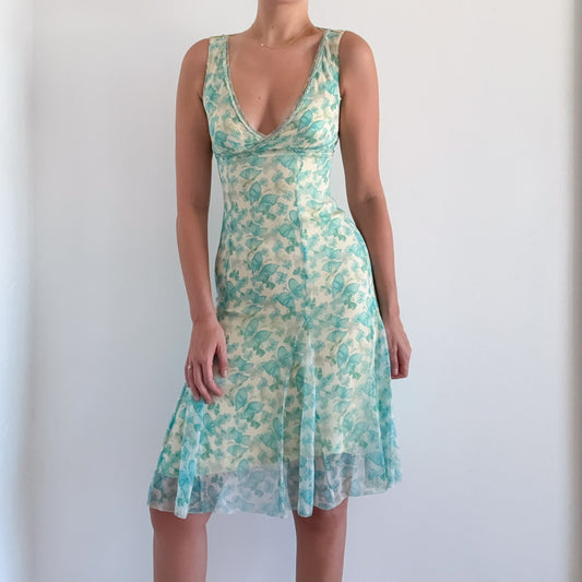 Y2K Aqua & Yellow Silk Butterfly Dress / SZ 2/4