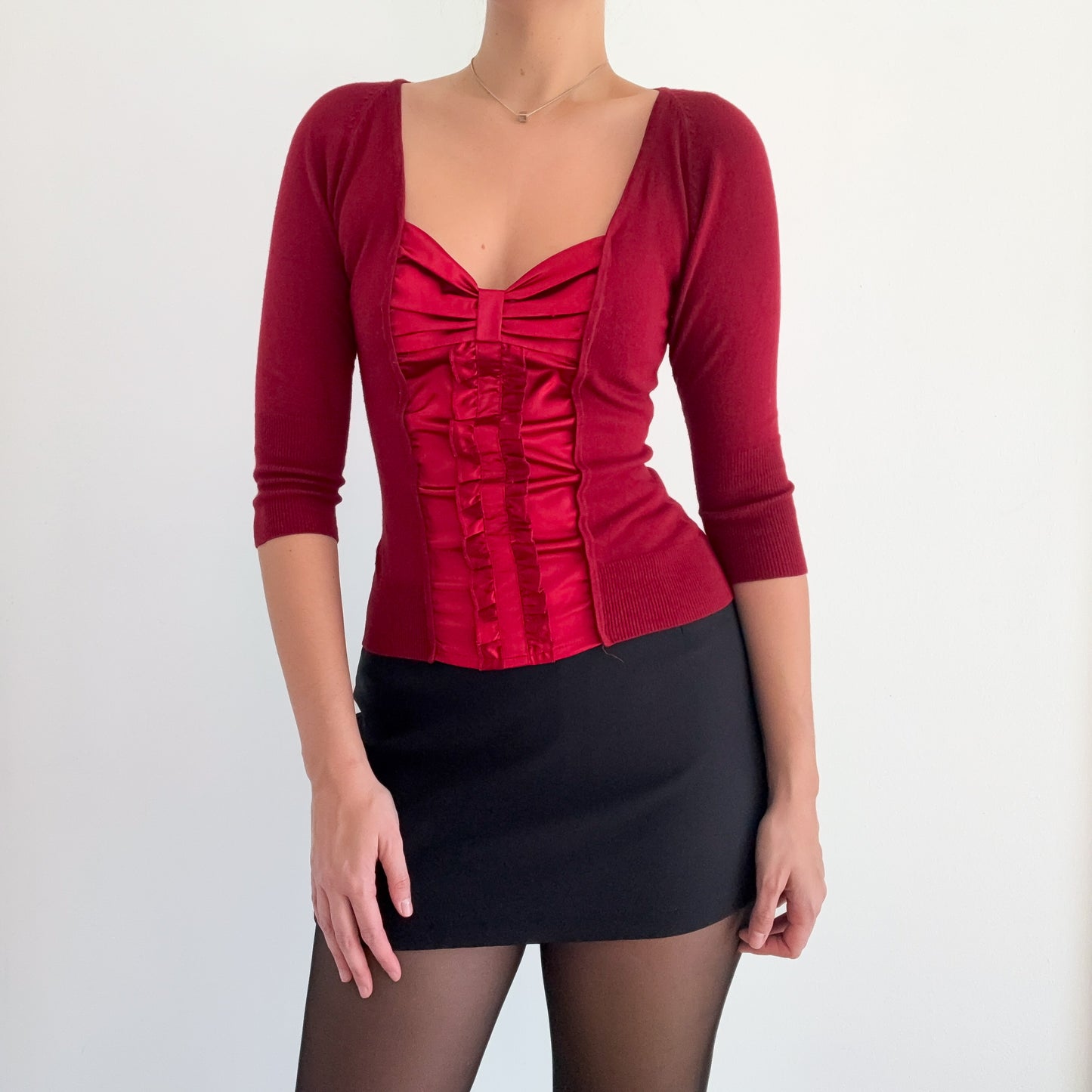 Y2K Crimson Silk Knit Layered Look Top / SZ S