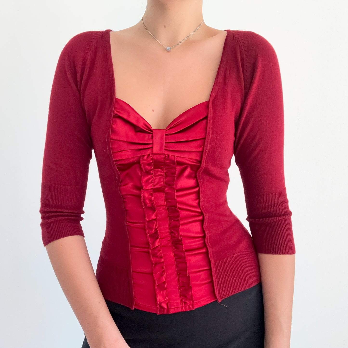 Y2K Crimson Silk Knit Layered Look Top / SZ S