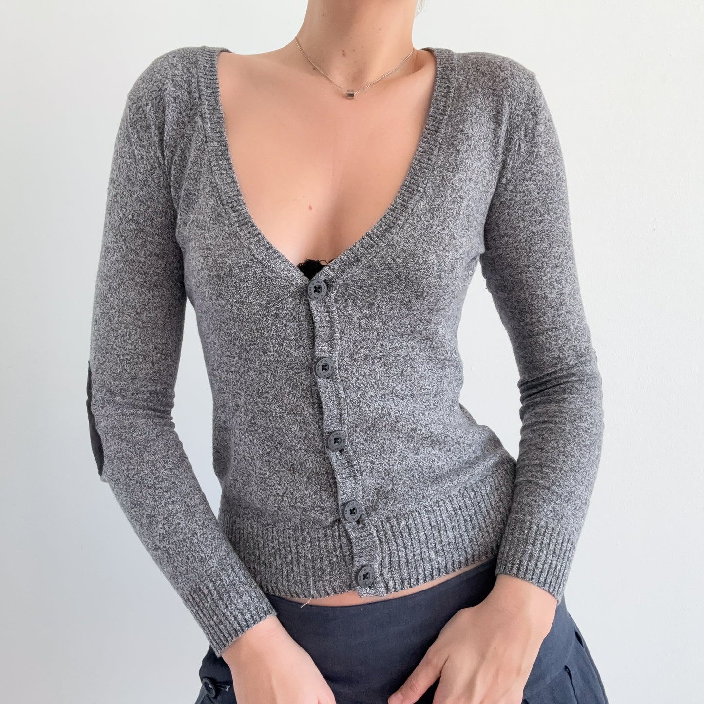 2010's Grey Knit Elbow Pad Cardigan / SZ S