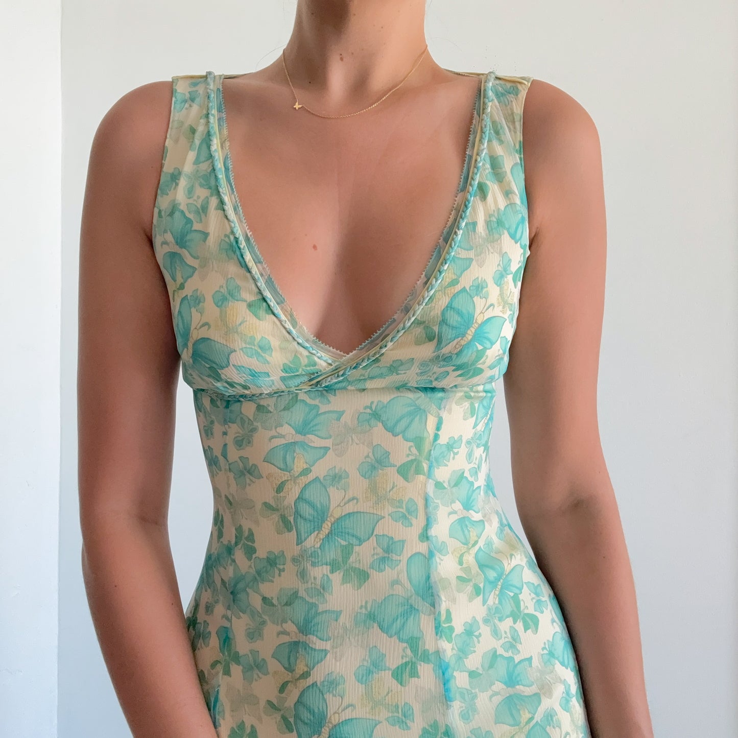 Y2K Aqua & Yellow Silk Butterfly Dress / SZ 2/4