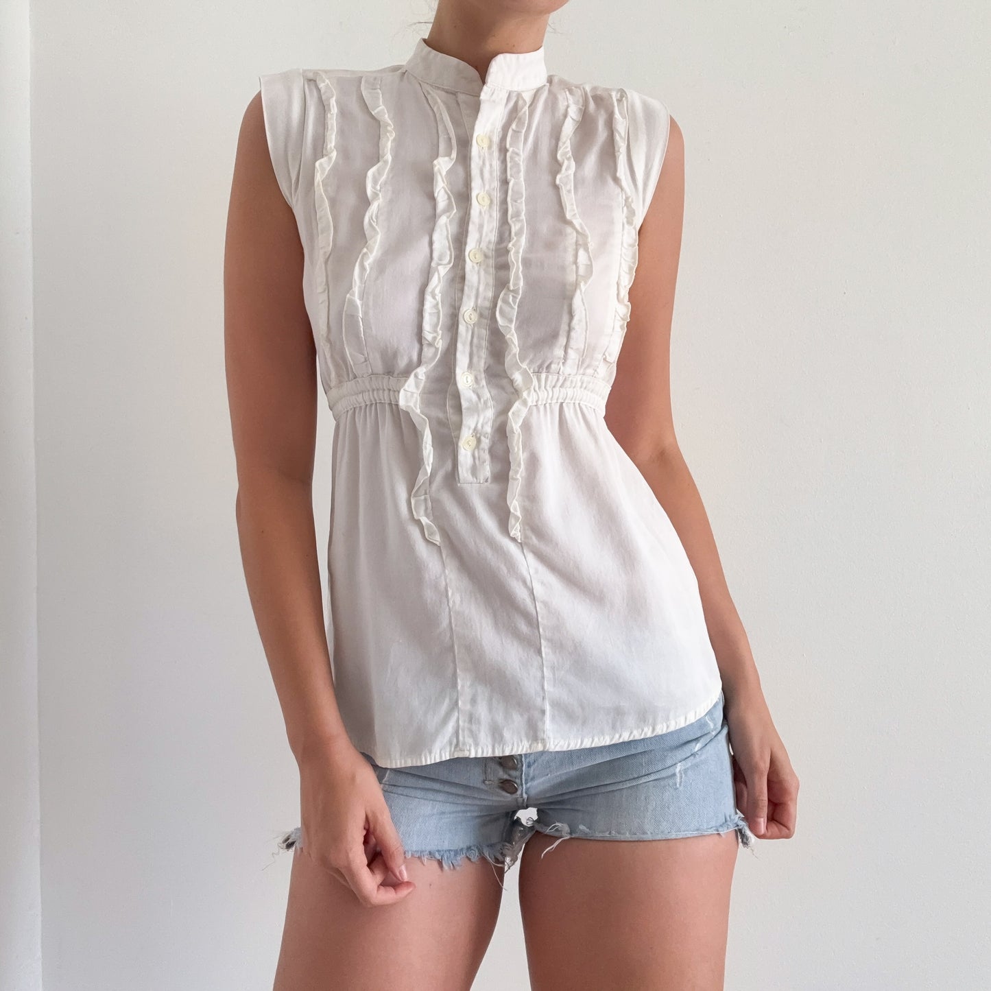 Y2K White Cotton Ruffle Tie Blouse / SZ M