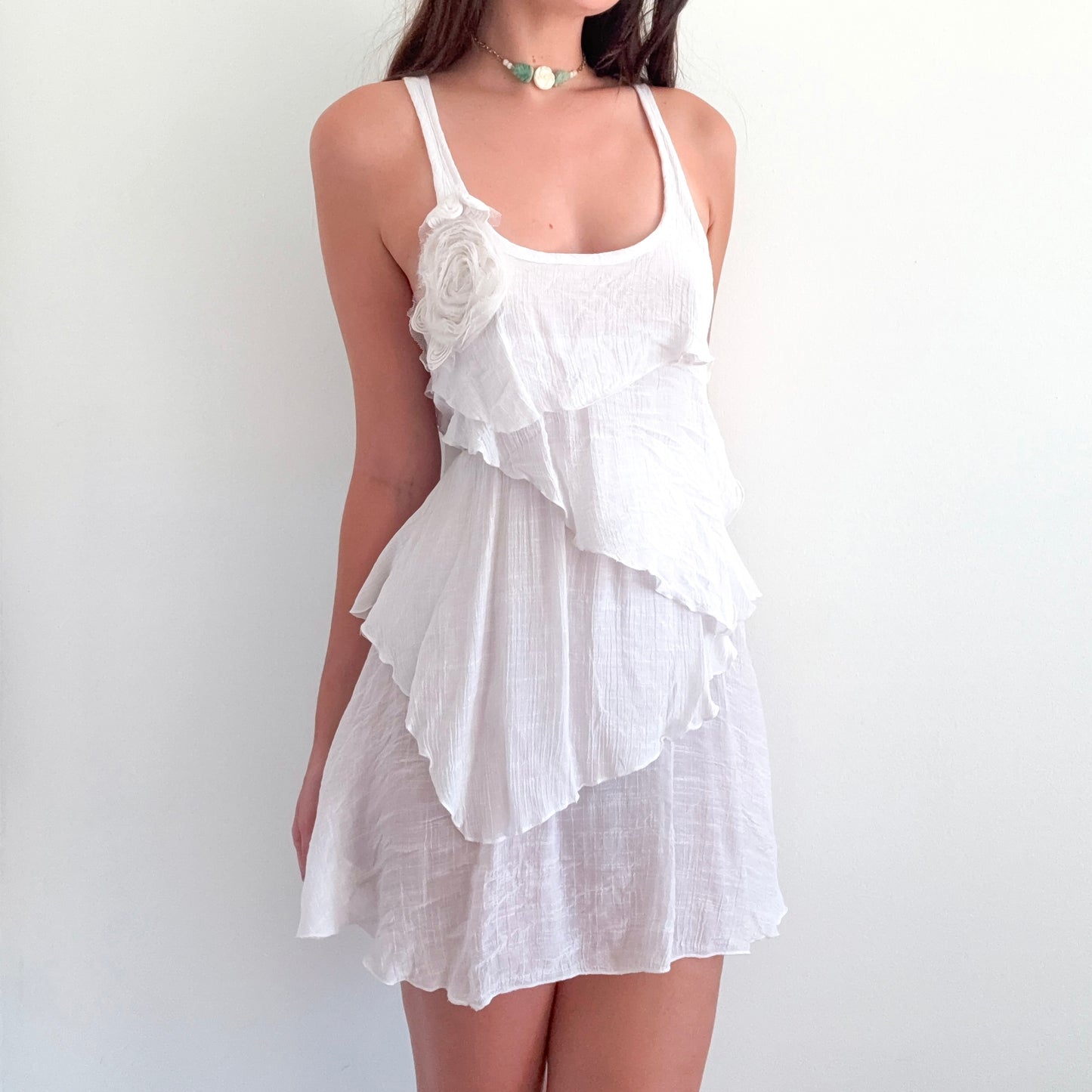 Y2K White Gauzy Rosette Mini Dress / SZ S