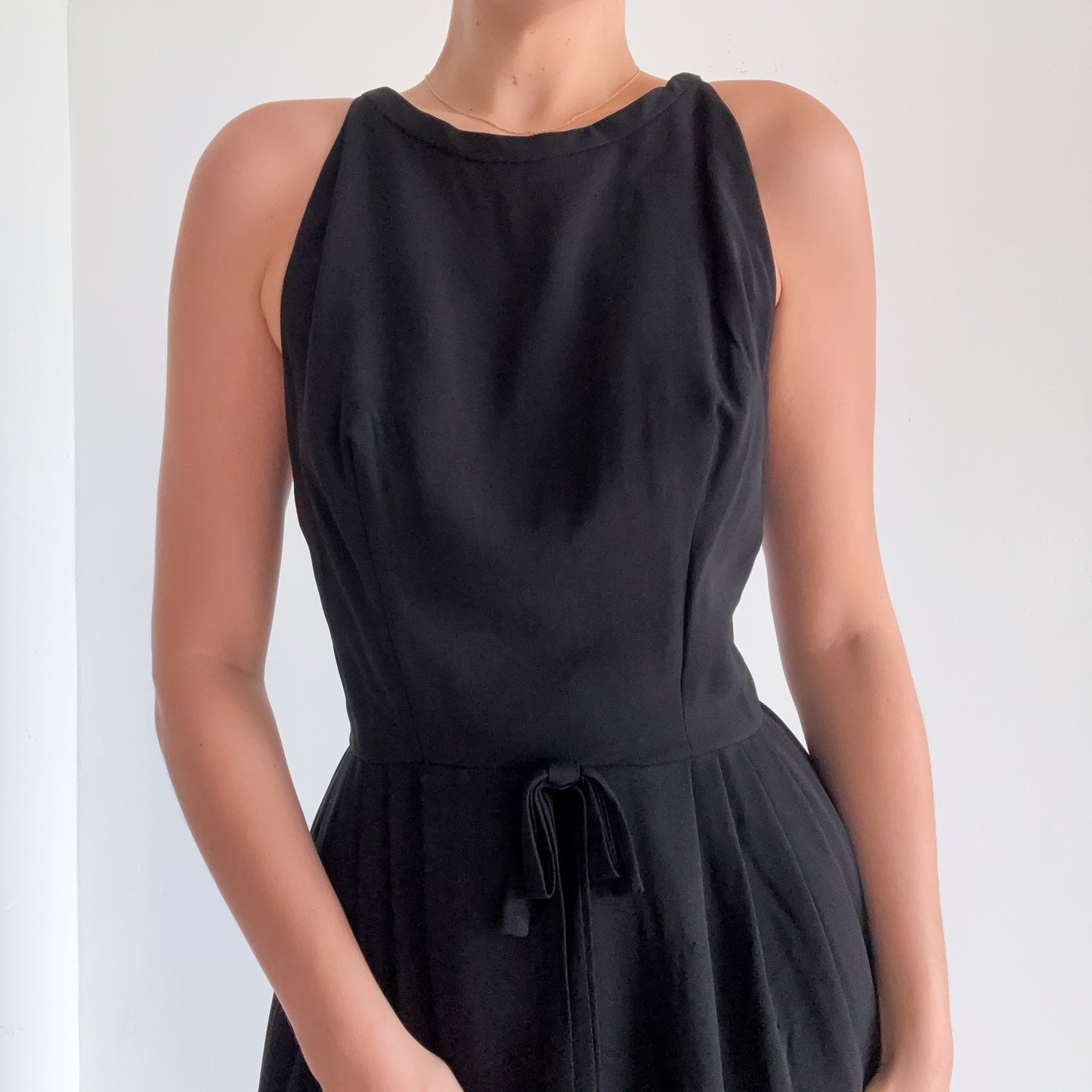 50's Black Bow Pleated Dress / SZ 4