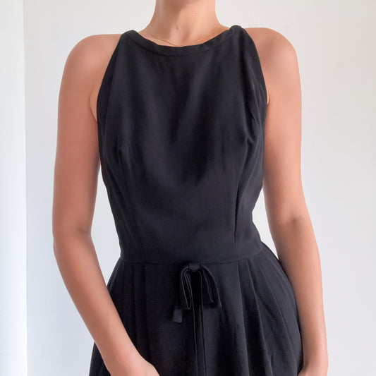 50's Black Bow Pleated Dress / SZ 4