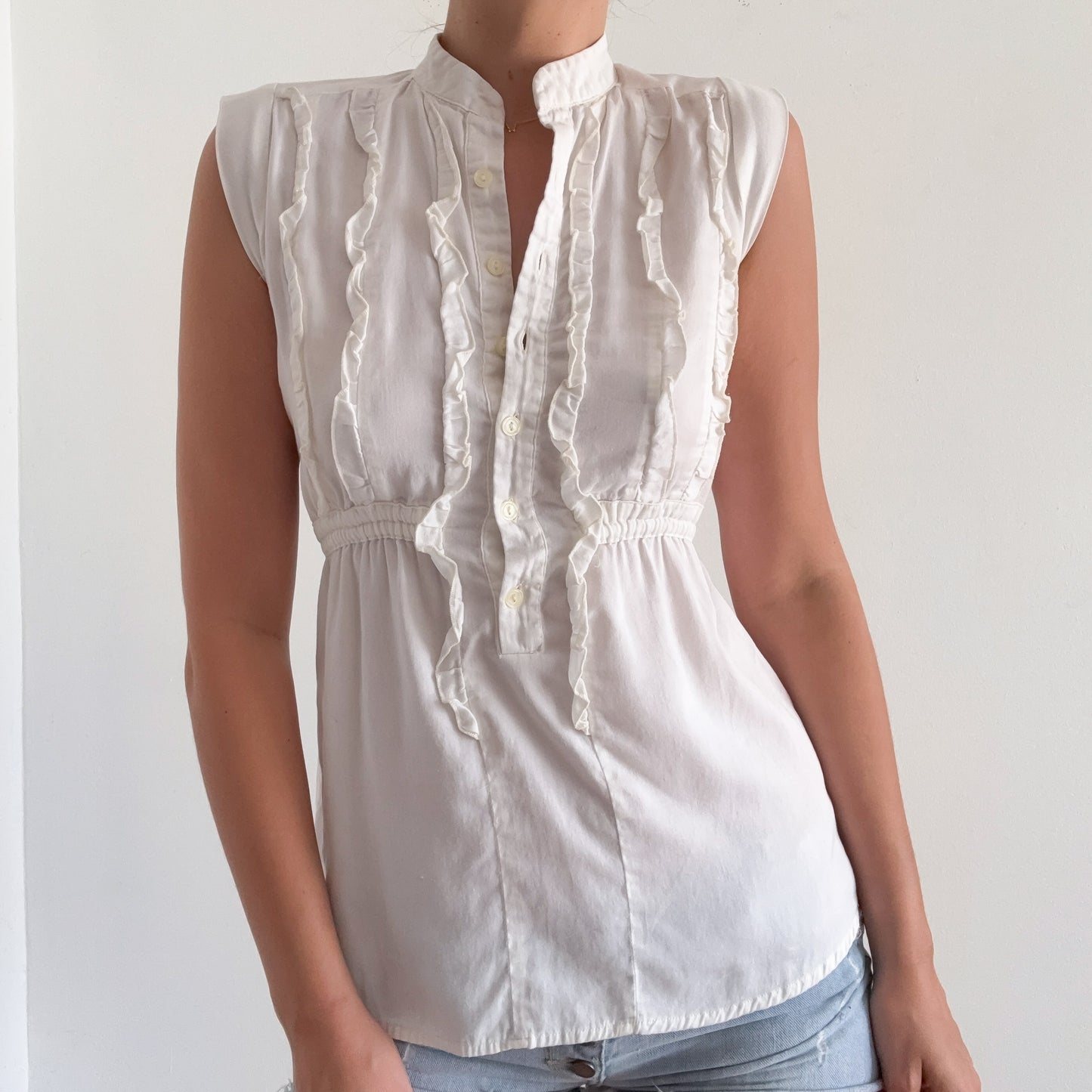 Y2K White Cotton Ruffle Tie Blouse / SZ M