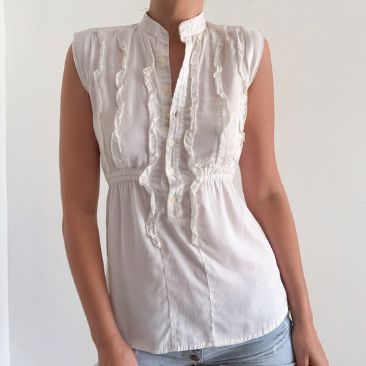 Y2K White Cotton Ruffle Tie Blouse / SZ M