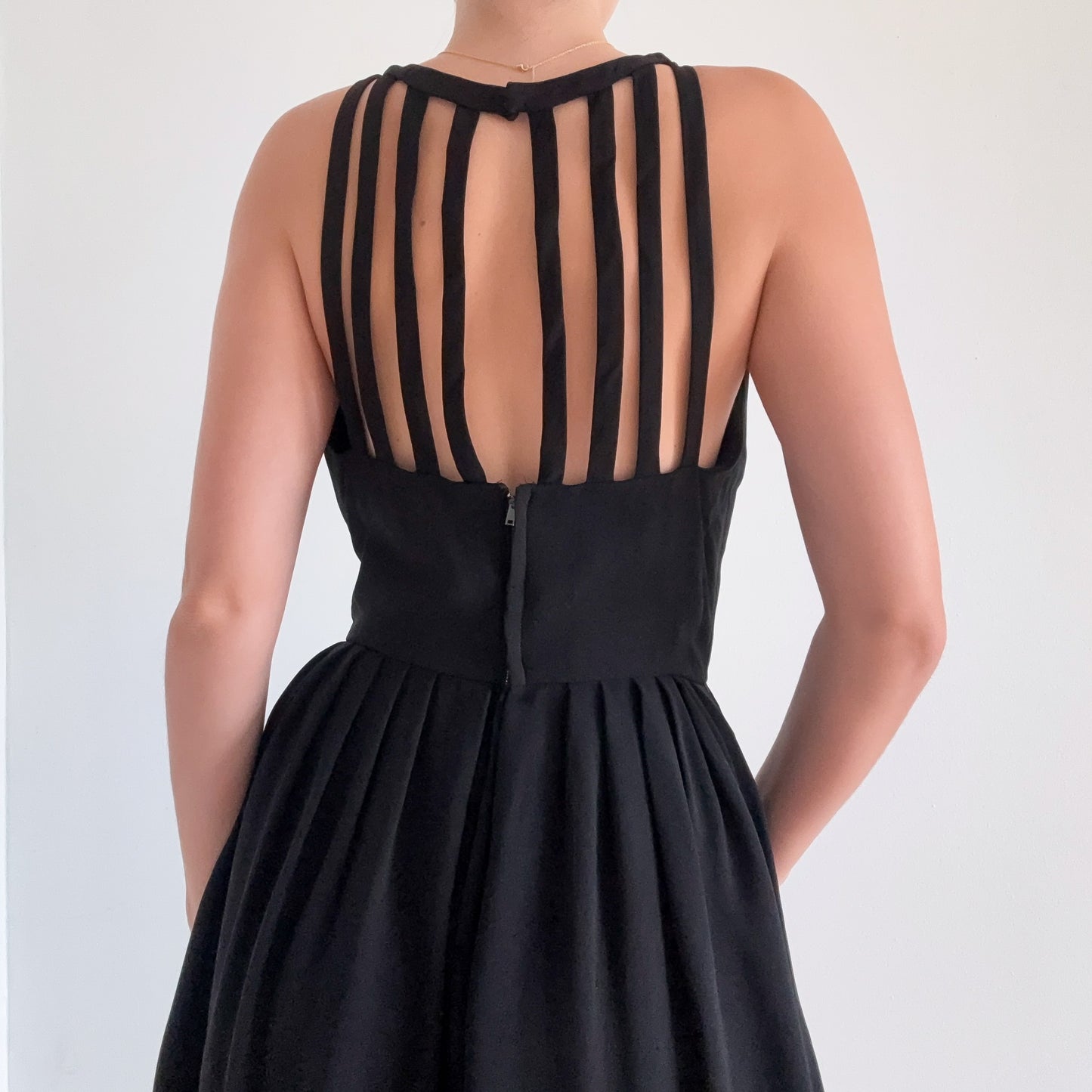 50's Black Bow Pleated Dress / SZ 4