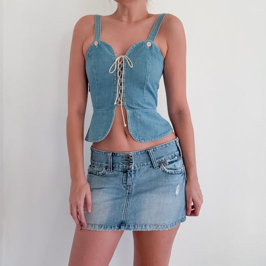 90's Denim Lace Up Peplum Top / SZ S-M