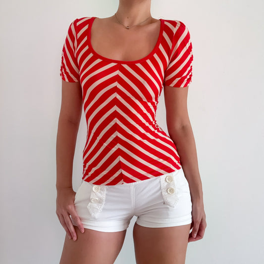 Y2K Red & Cream Striped Top / SZ S