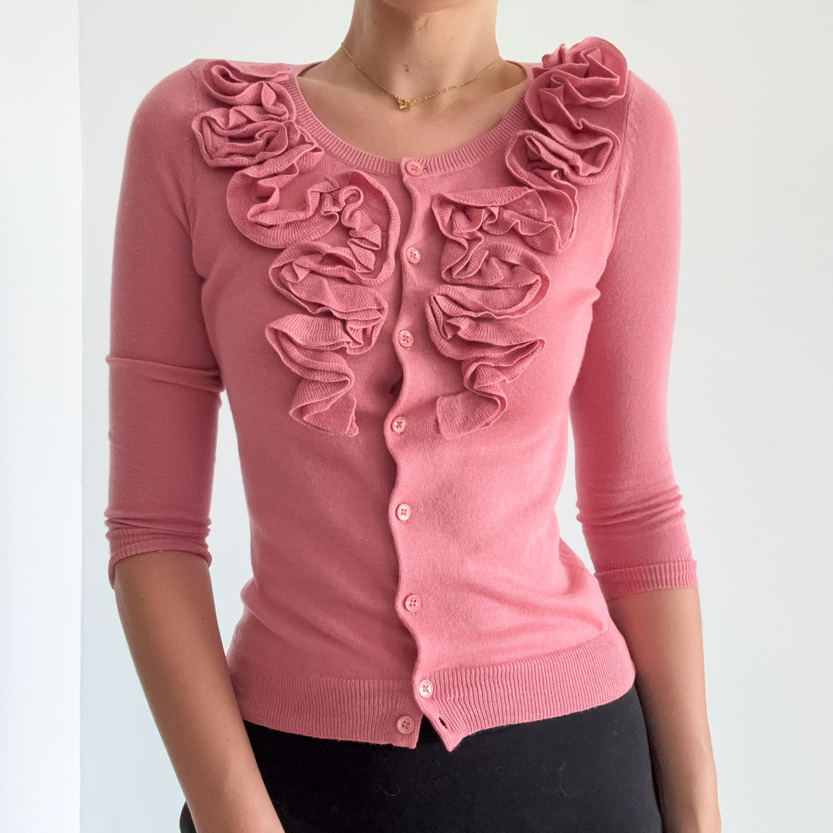 Y2K Bubblegum Pink Knit Ruffle Cardigan / SZ S