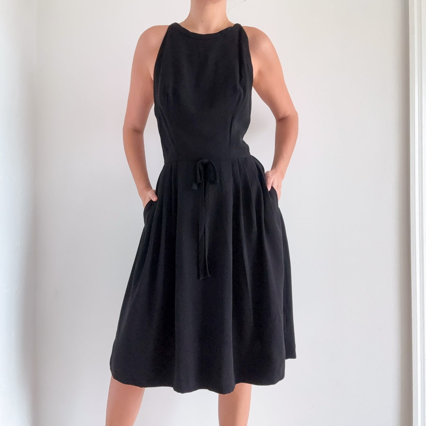 50's Black Bow Pleated Dress / SZ 4