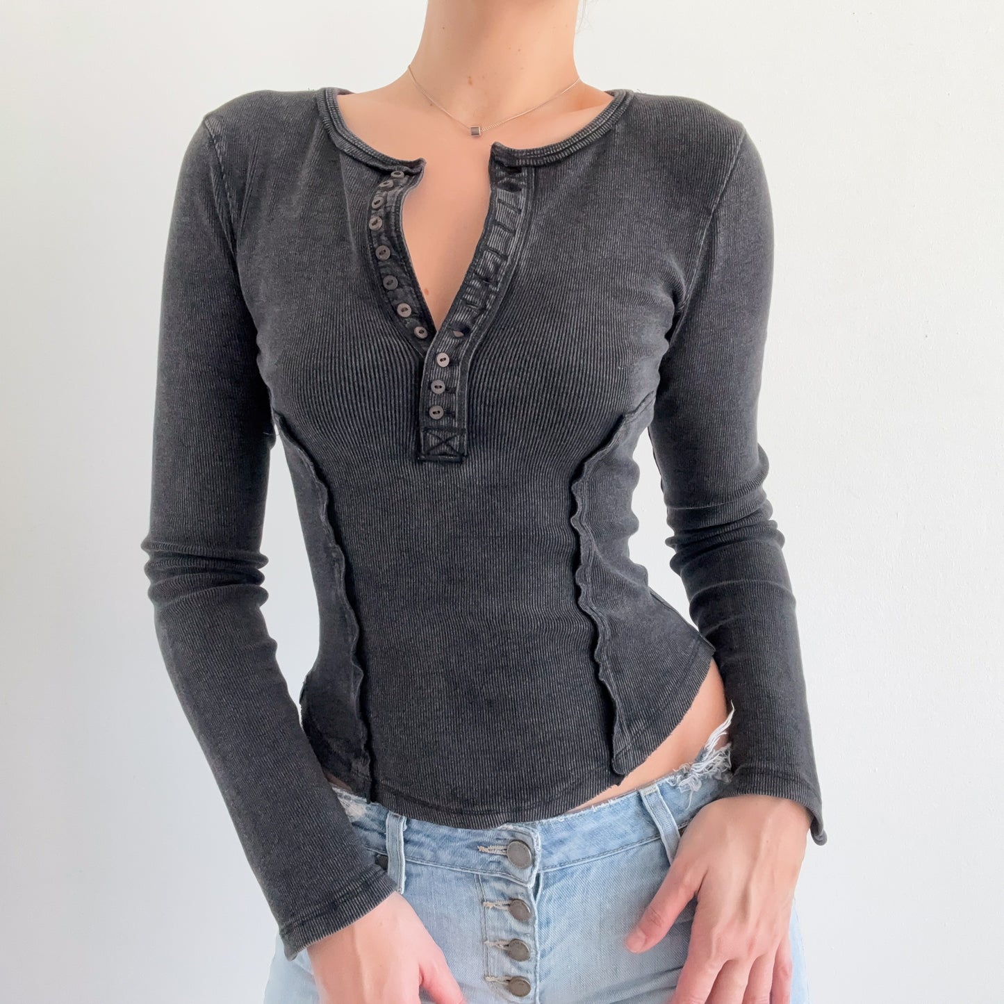 Free People Dark Grey Henley Top / SZ XS-S