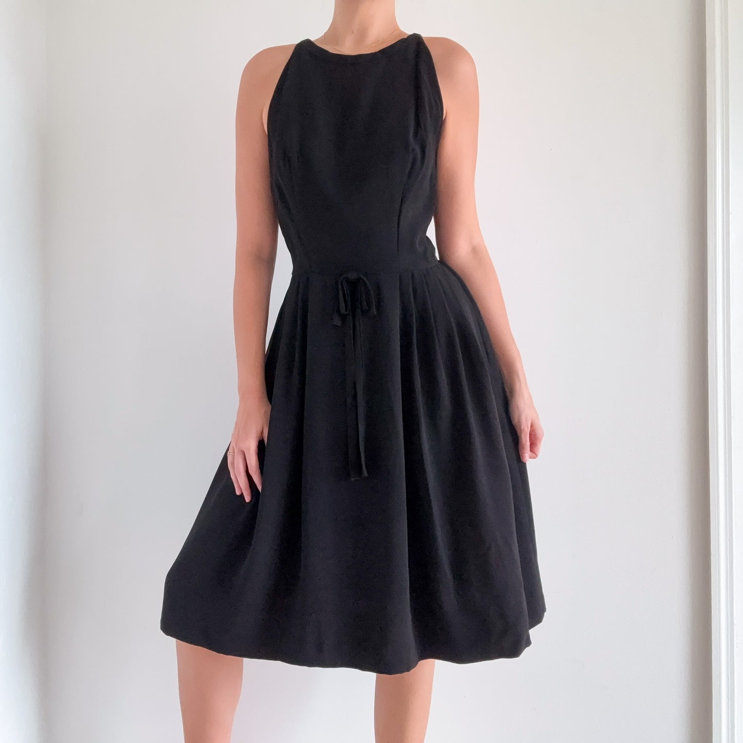 50's Black Bow Pleated Dress / SZ 4