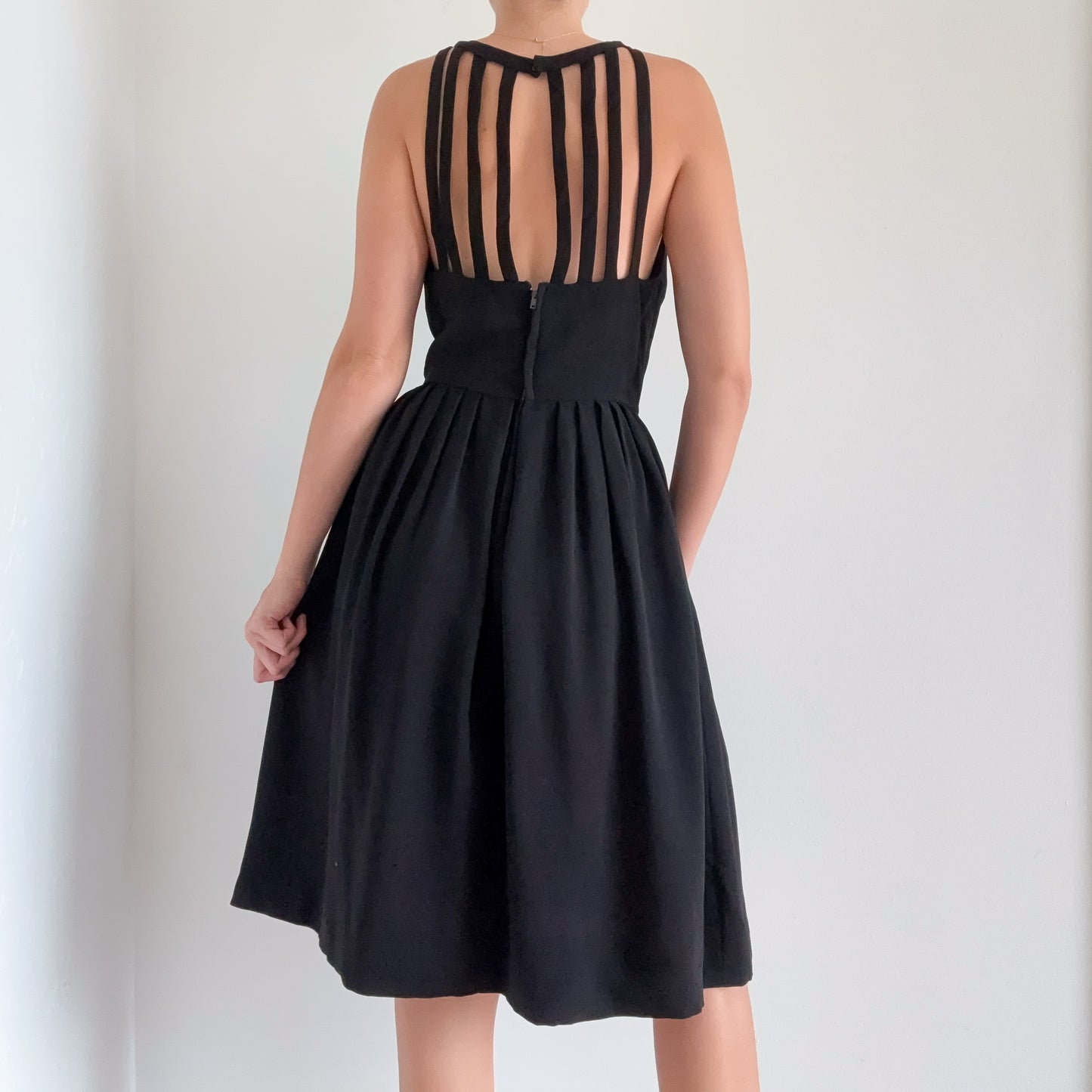 50's Black Bow Pleated Dress / SZ 4