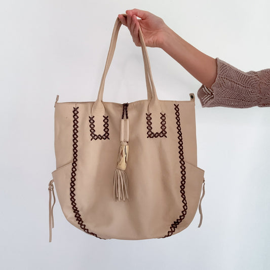 Y2K Cream & Brown Lace Up Leather Handbag