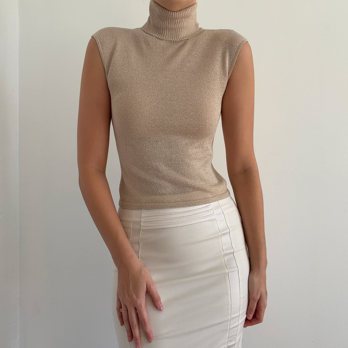 90's Champagne Sparkle Knit Sleeveless Turtleneck / SZ S