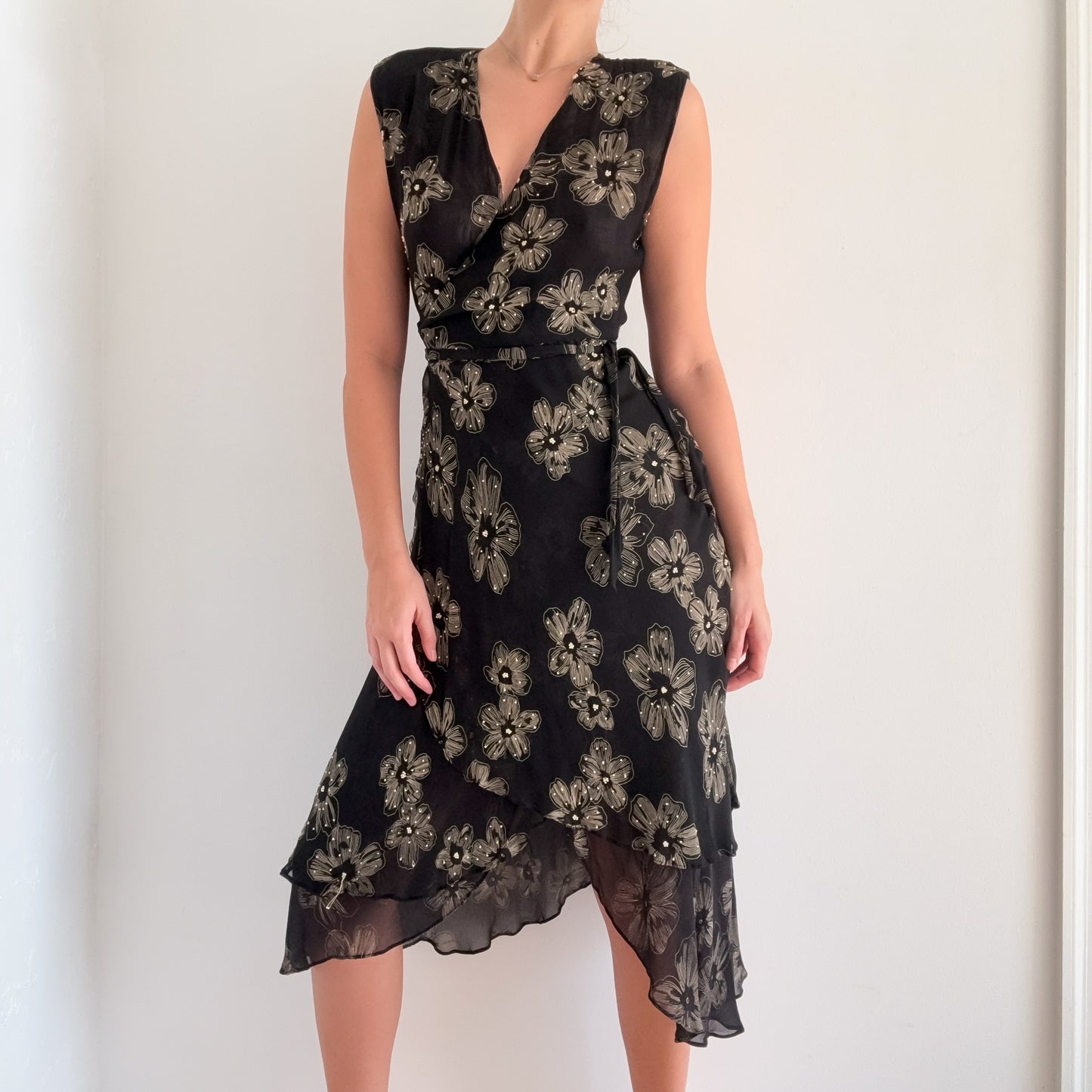 Y2K Black Floral Silk Wrap Midi Dress / SZ M/L
