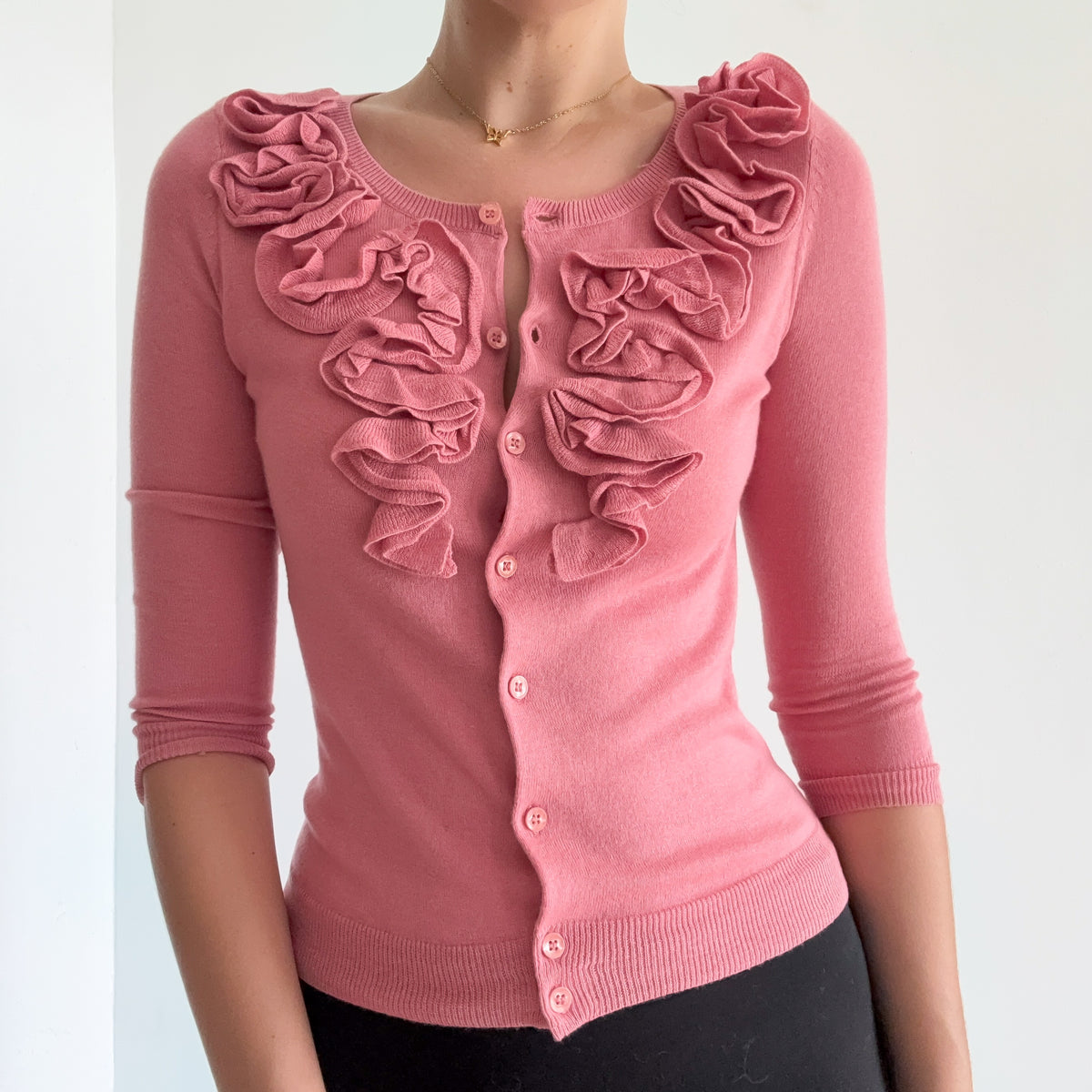 Y2K Bubblegum Pink Knit Ruffle Cardigan / SZ S