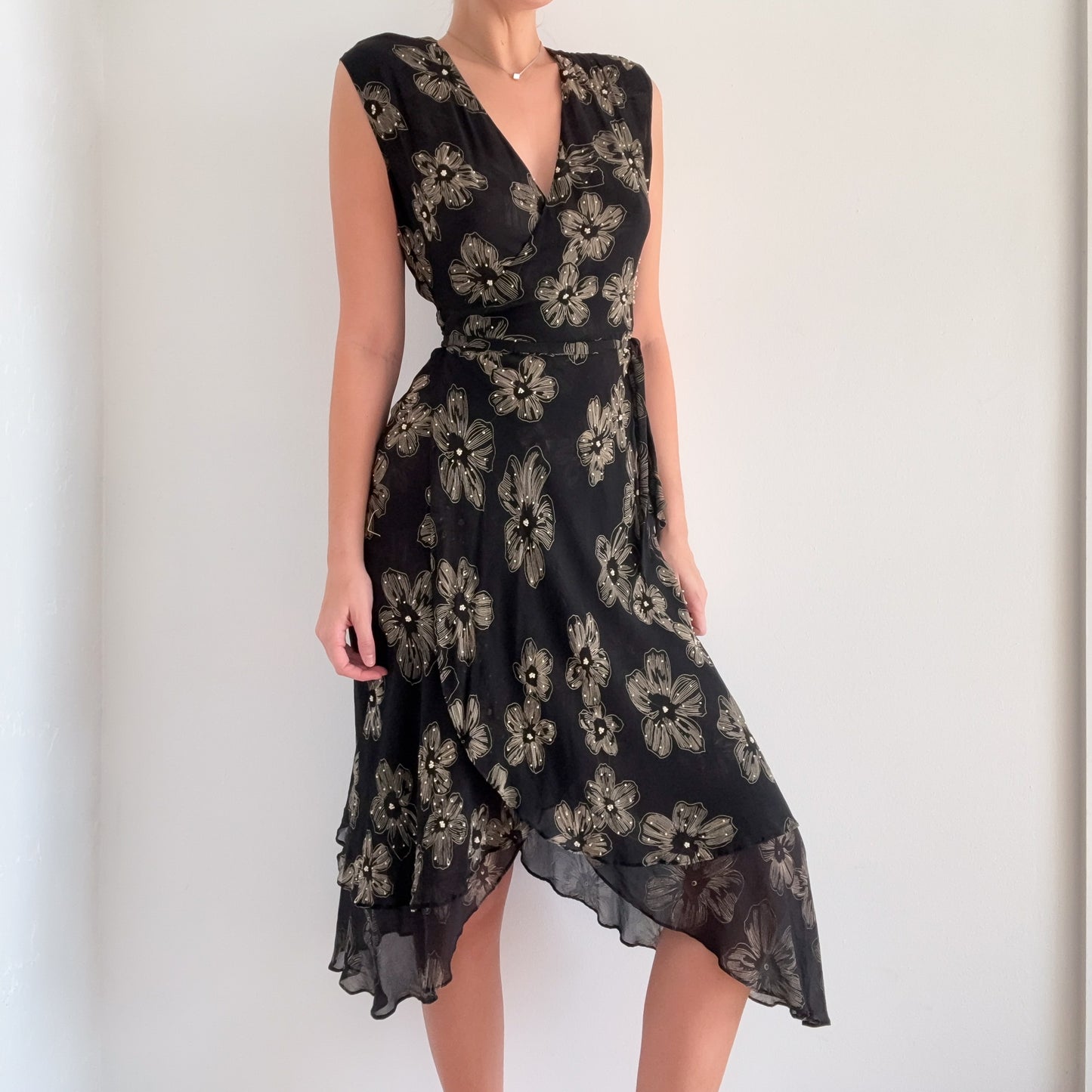 Y2K Black Floral Silk Wrap Midi Dress / SZ M/L
