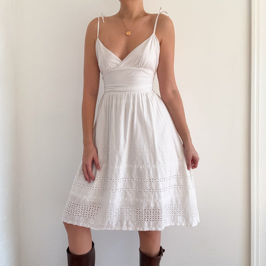 Y2K White Cotton Eyelet Midi Dress / SZ M