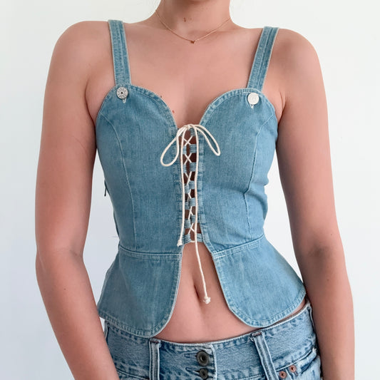 90's Denim Lace Up Peplum Top / SZ S-M