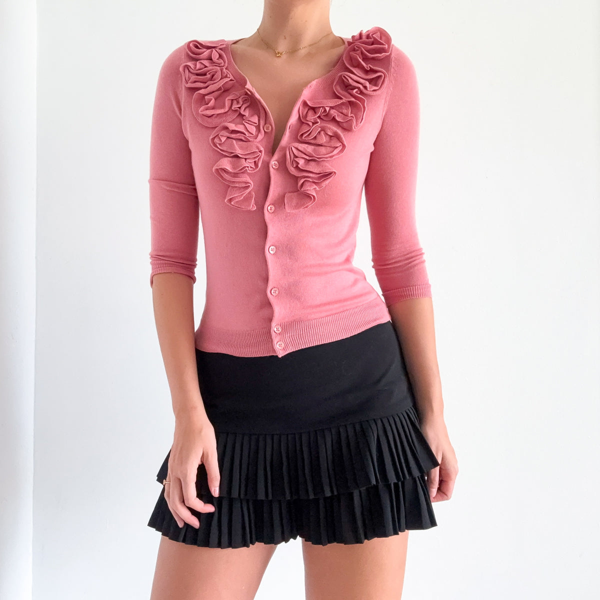 Y2K Bubblegum Pink Knit Ruffle Cardigan / SZ S