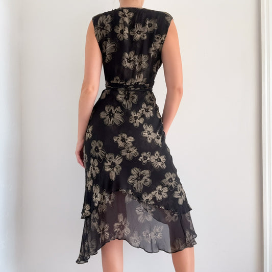 Y2K Black Floral Silk Wrap Midi Dress / SZ M/L