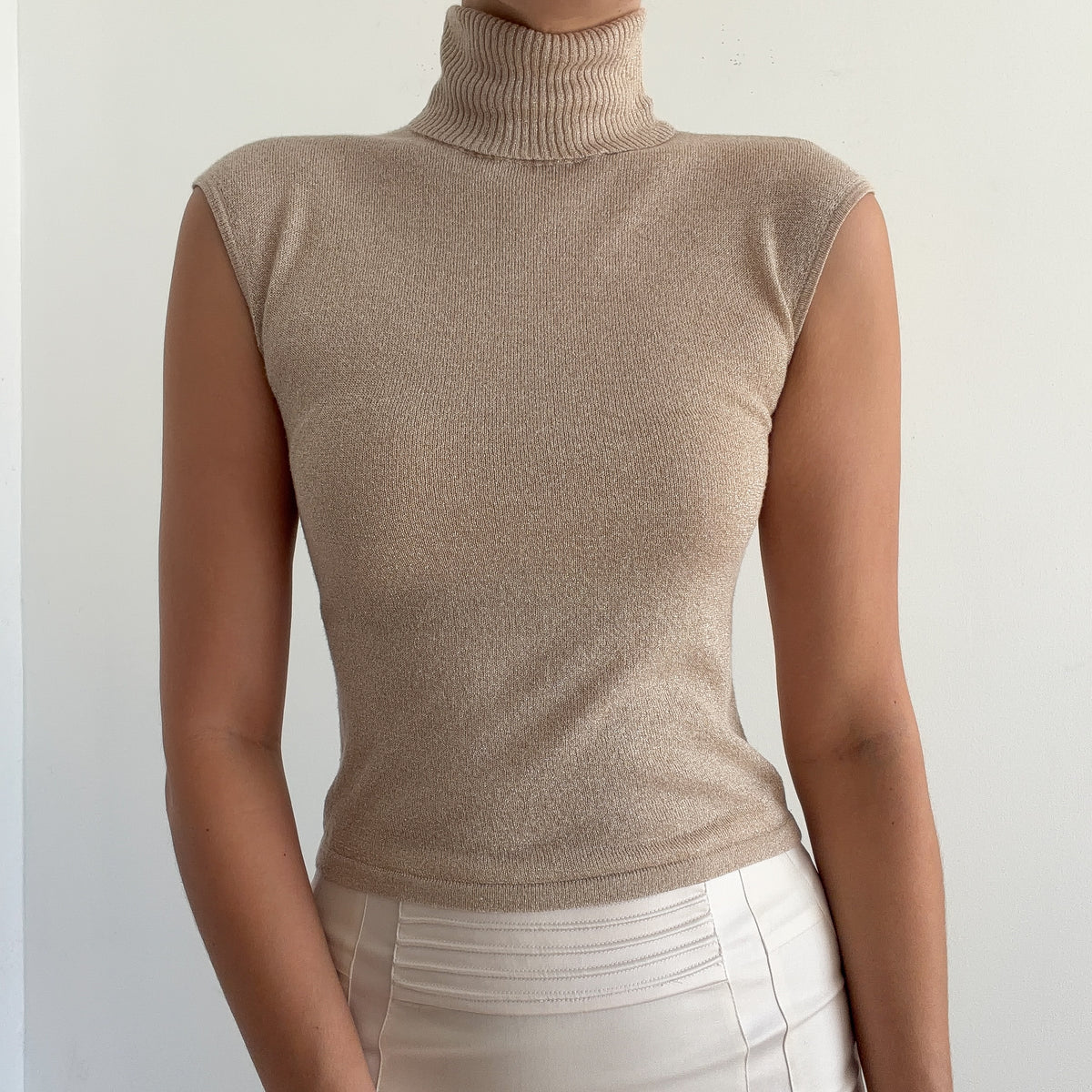 90's Champagne Sparkle Knit Sleeveless Turtleneck / SZ S