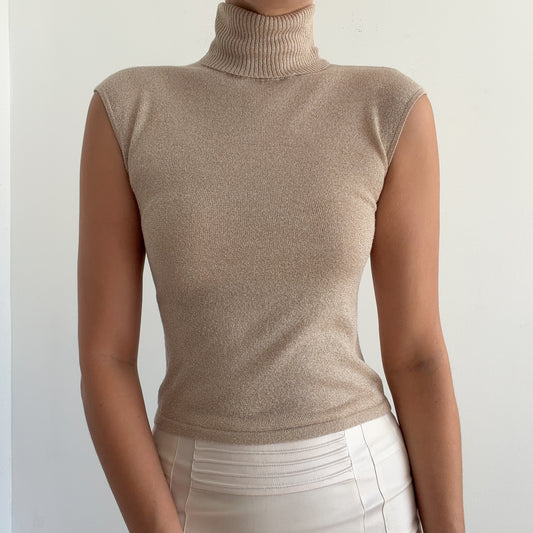 90's Champagne Sparkle Knit Sleeveless Turtleneck / SZ S