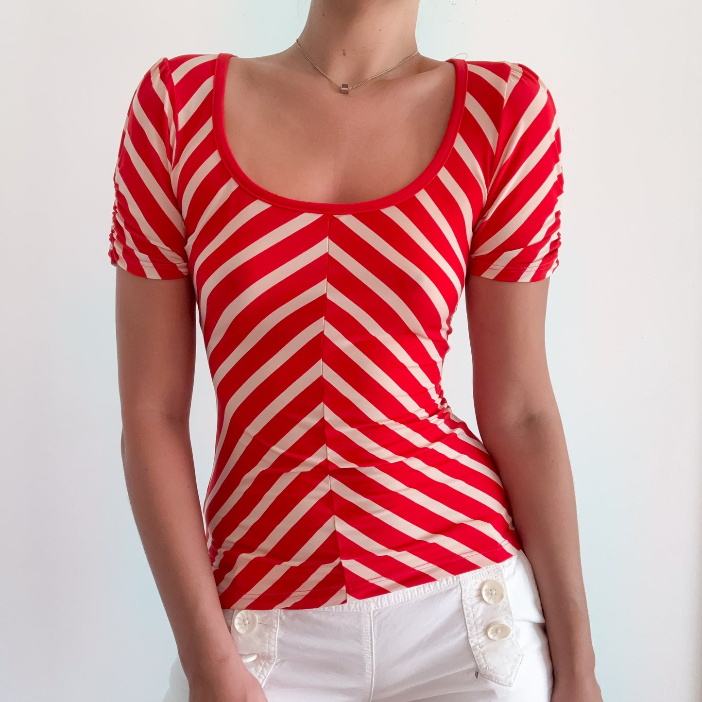 Y2K Red & Cream Striped Top / SZ S