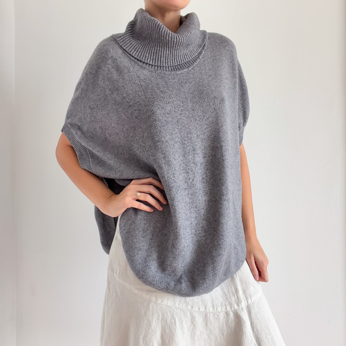 Y2K Grey Knit Turtleneck Poncho Top / One Size
