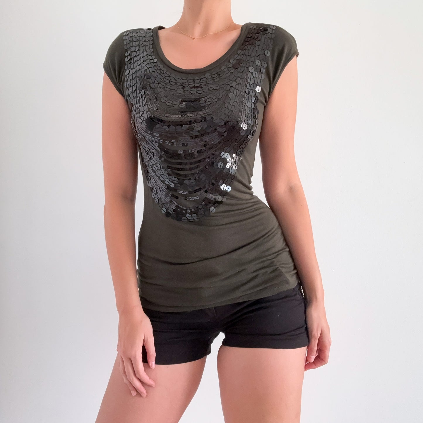 Y2K Army Green Sequin Short Sleeve / SZ S-M