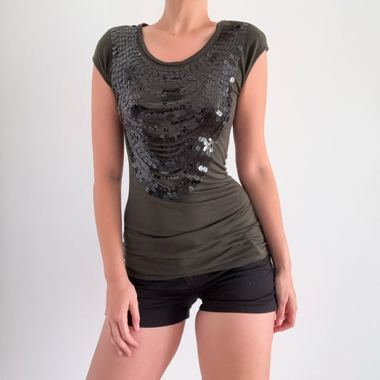 Y2K Army Green Sequin Short Sleeve / SZ S-M