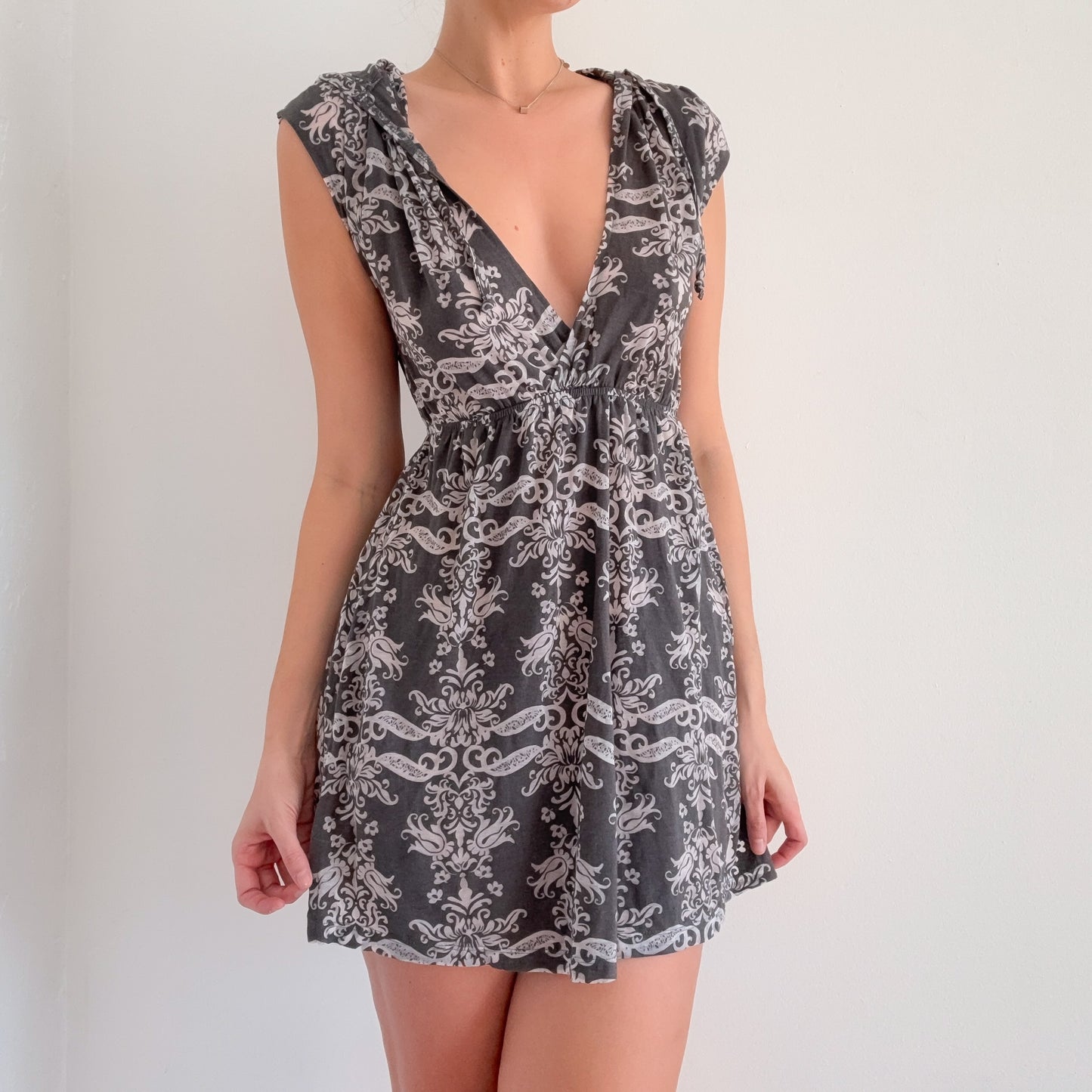 Y2K Grey Printed Hooded Mini Dress / SZ S-M