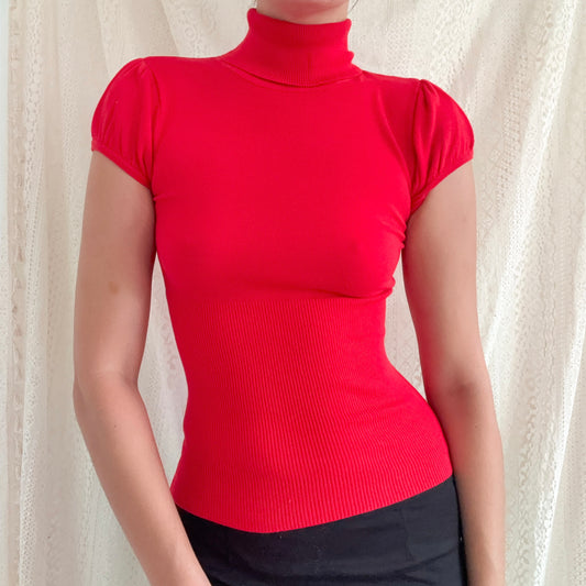 Y2K Tomato Red Knit Turtleneck Top / SZ XS-S