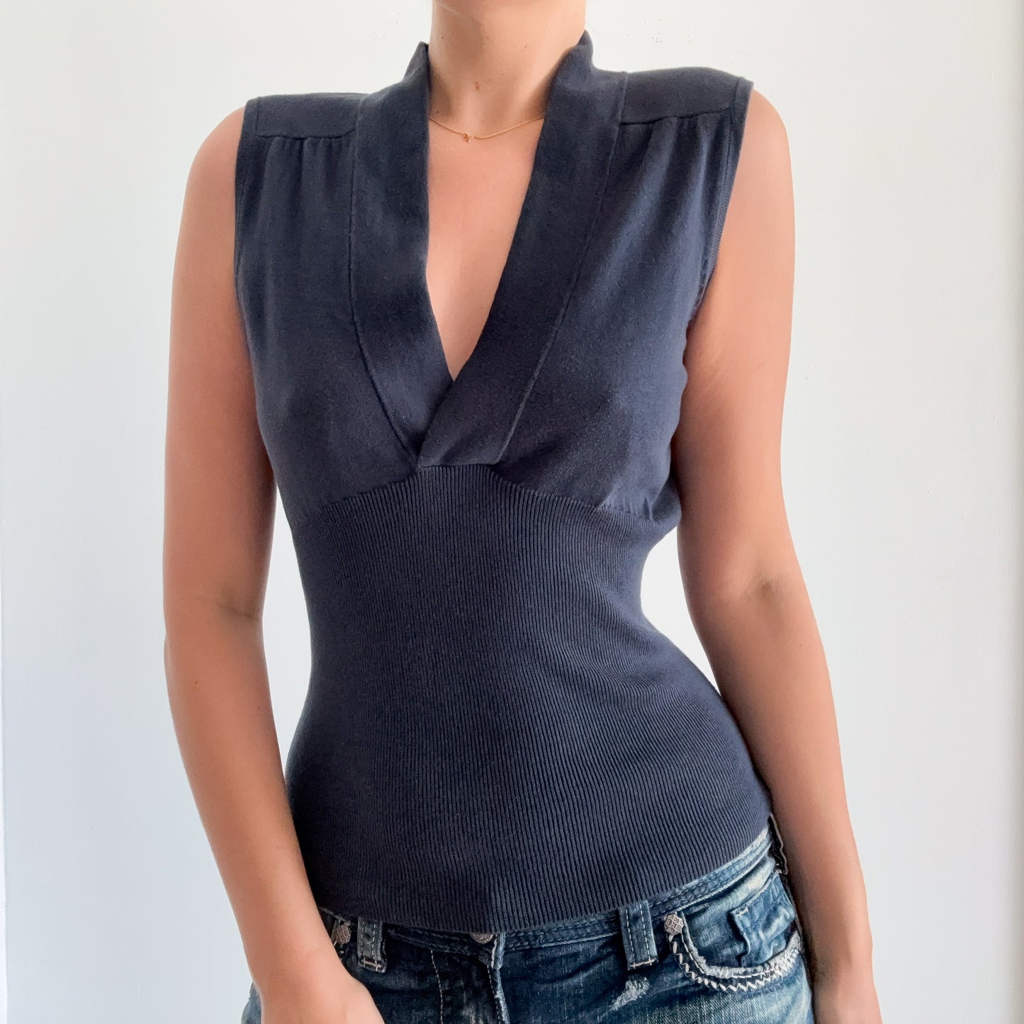 Y2K Aegean Blue Knit V-Neck Top / SZ S-M