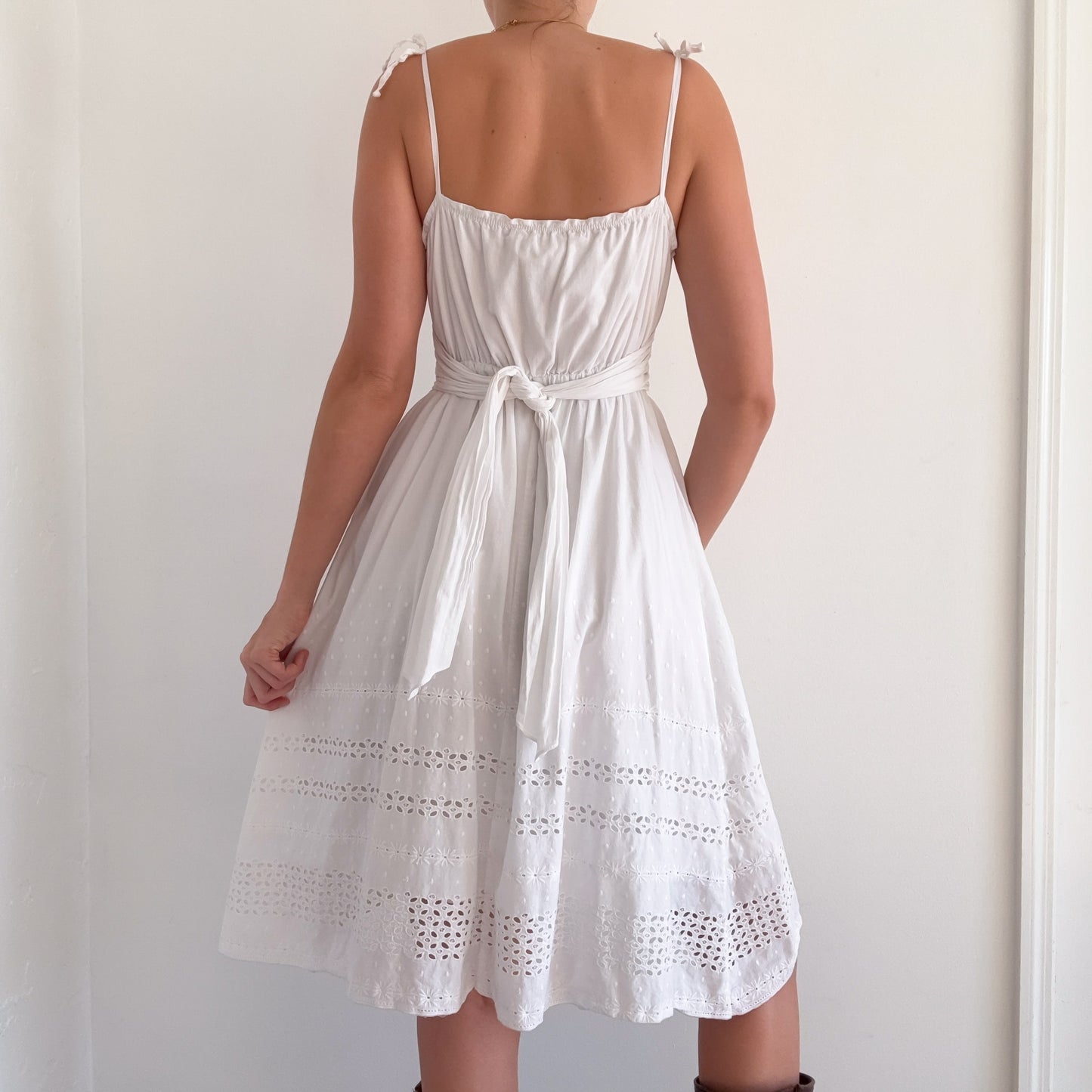 Y2K White Cotton Eyelet Midi Dress / SZ M