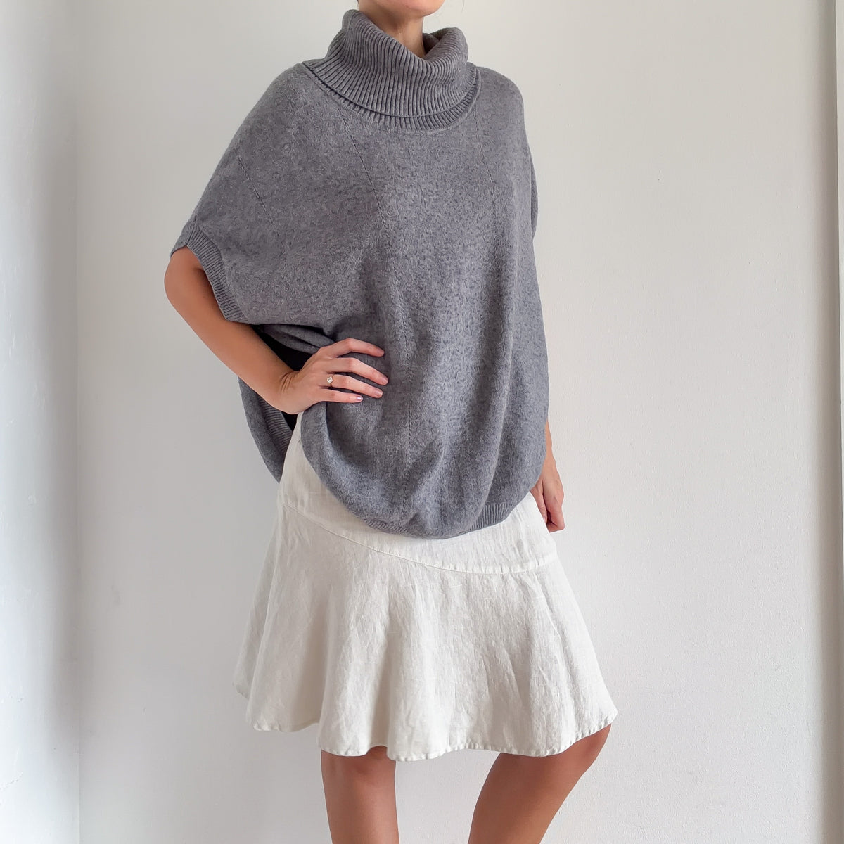 Y2K Grey Knit Turtleneck Poncho Top / One Size