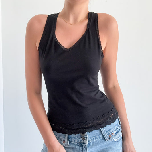 Y2K Black Cotton Lace Trim Tank / SZ S-M